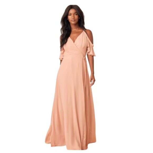 Lulus listeing blush Pink Wrap Maxi Dress With Ruffle Sleeves & V-Neckline Sz S - Picture 2 of 9